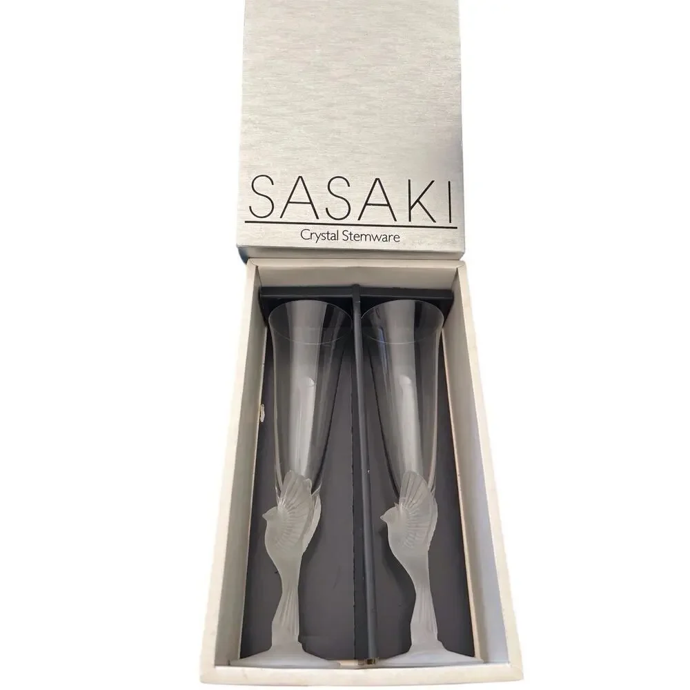 Sasaki Crystal Flute Stemware Champagne Wedding Toast Dove Wings A2923-14-2 NIB